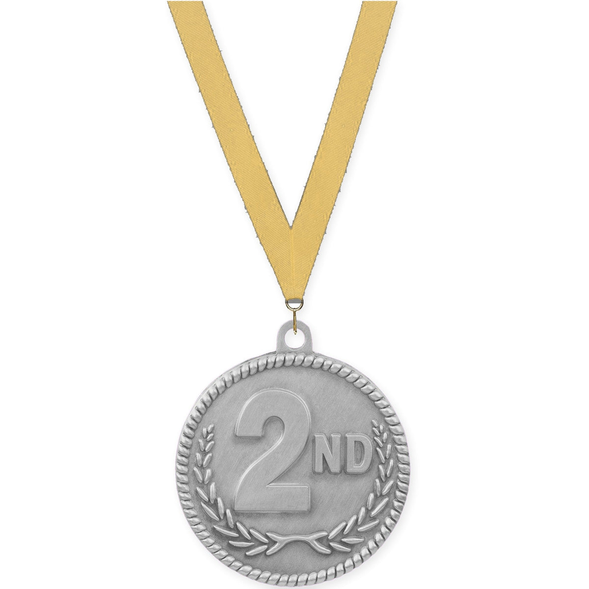 2 inch Place High Relief medal in silver - 2nd place with Gold Metallic neck ribbon