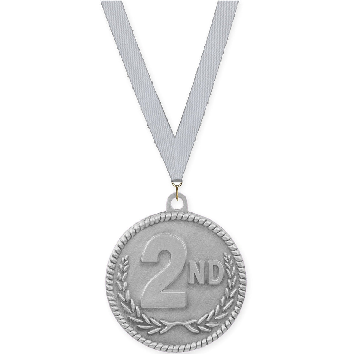 2 inch Place High Relief medal in silver - 2nd place with Silver Metallic neck ribbon