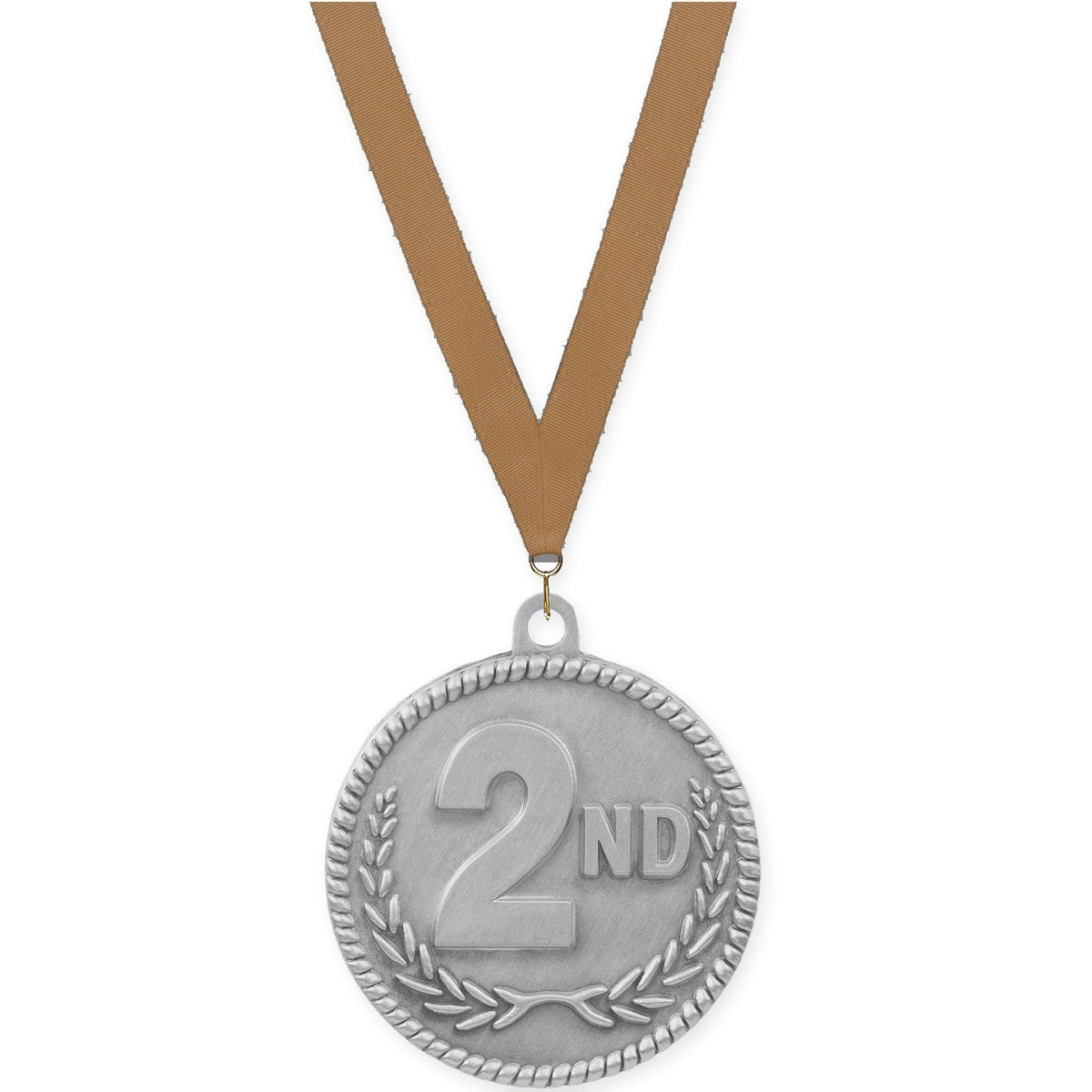 2 inch Place High Relief medal in silver - 2nd place with Bronze Metallic neck ribbon