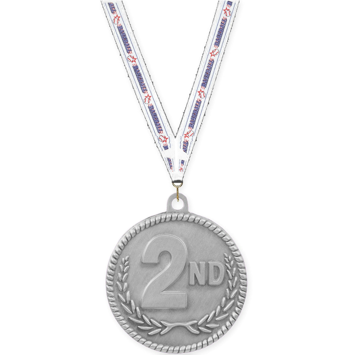 2 inch Place High Relief medal in silver - 2nd place with Baseball neck ribbon