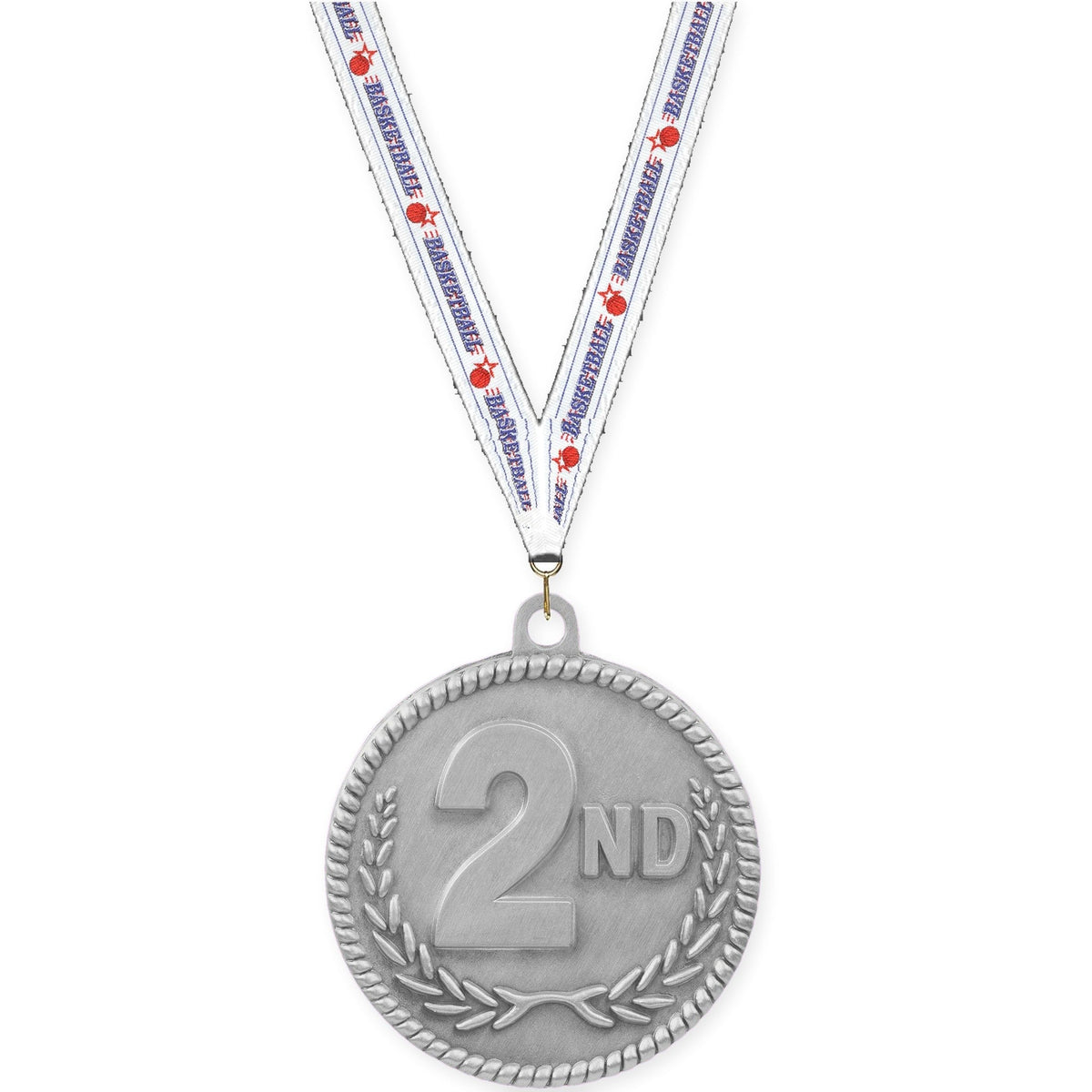 2 inch Place High Relief medal in silver - 2nd place with Basketball neck ribbon