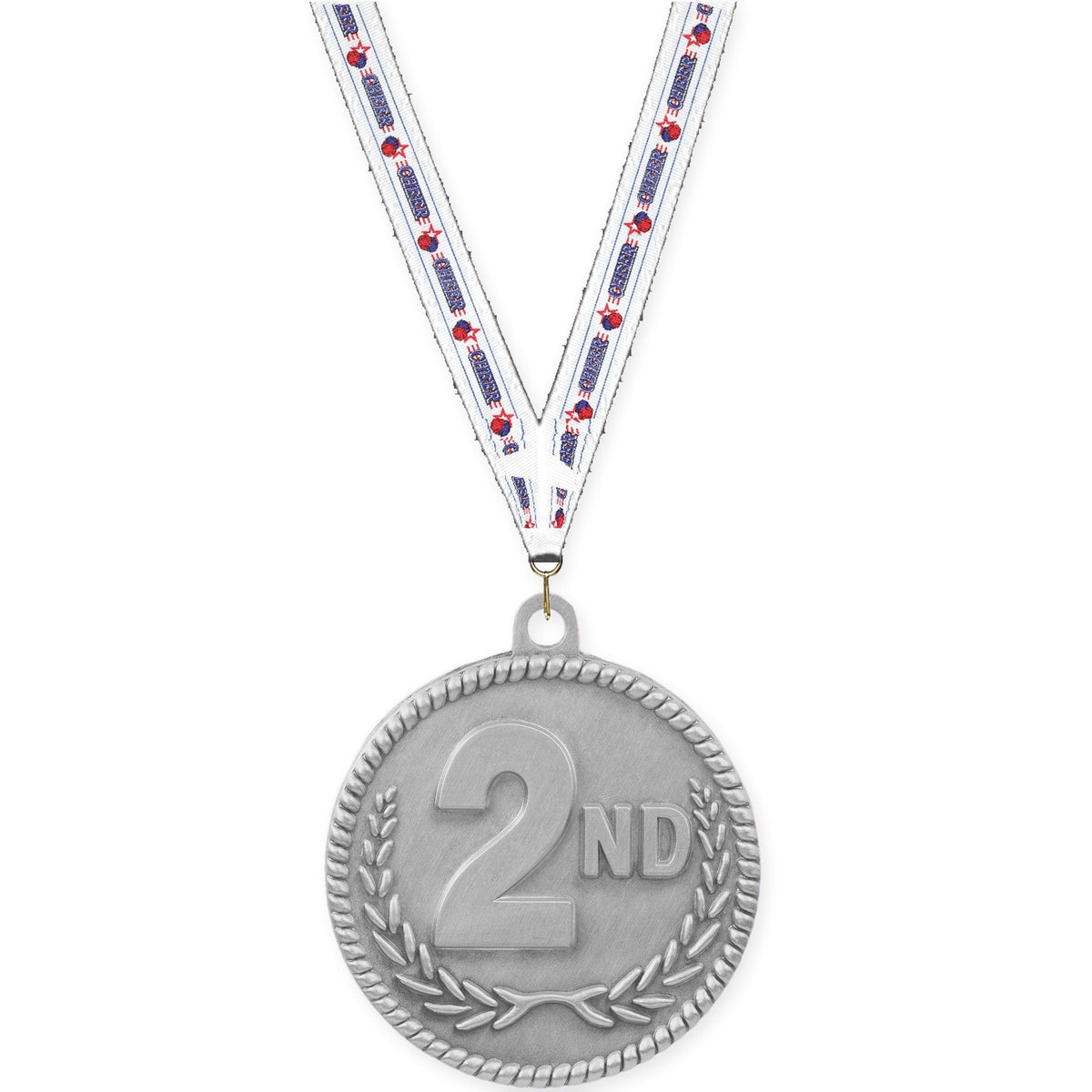 2 inch Place High Relief medal in silver - 2nd place with Cheerleading neck ribbon