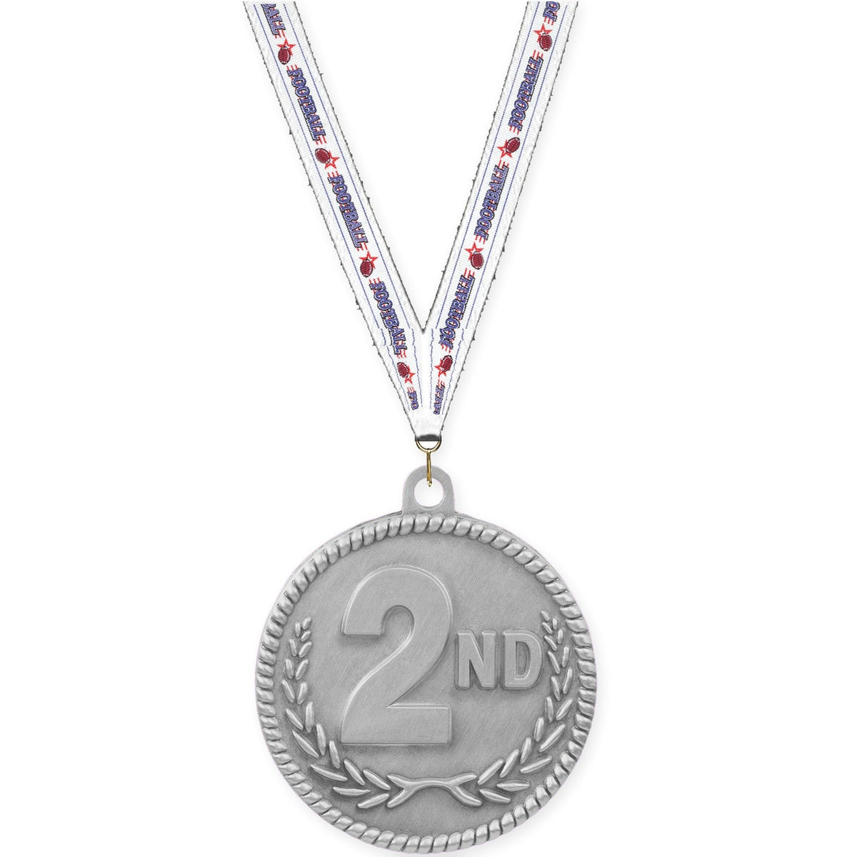 2 inch Place High Relief medal in silver - 2nd place with Football neck ribbon