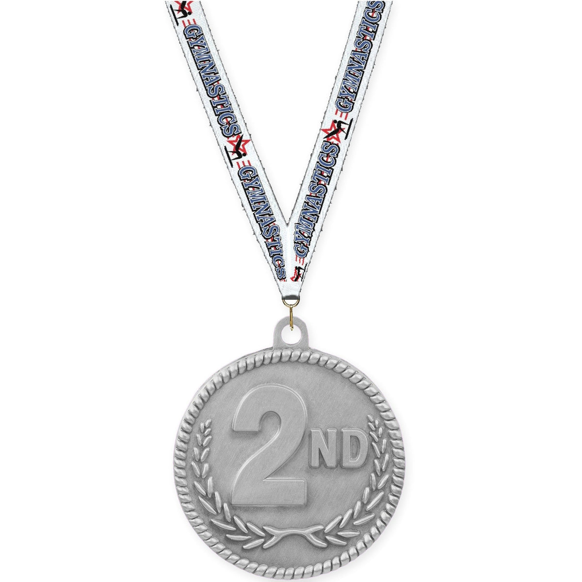 2 inch Place High Relief medal in silver - 2nd place with Gymnastics neck ribbon