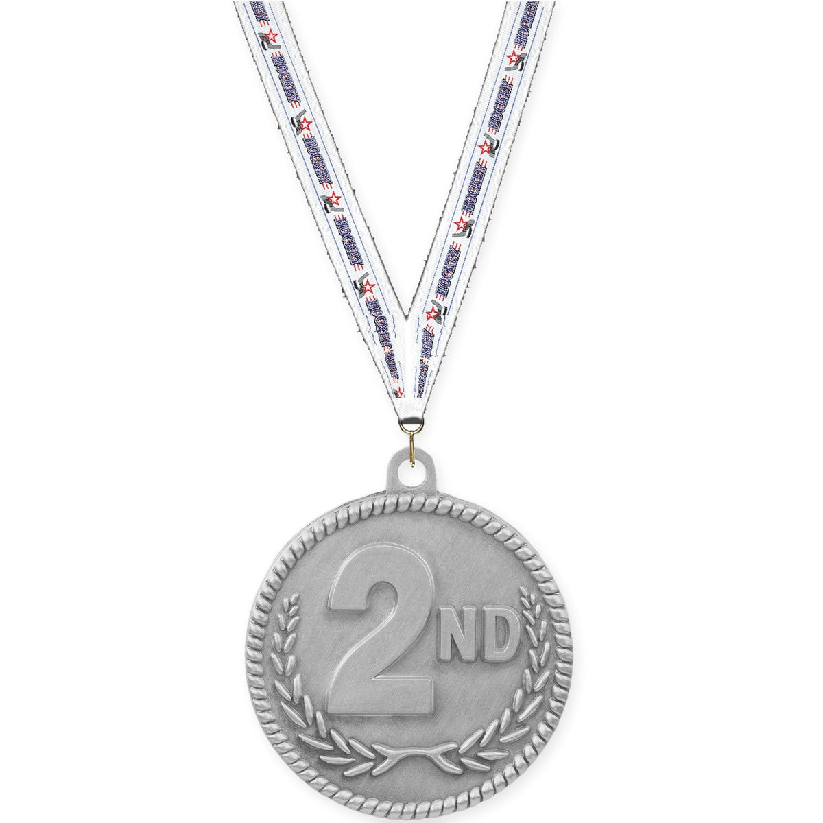 2 inch Place High Relief medal in silver - 2nd place with Hockey neck ribbon