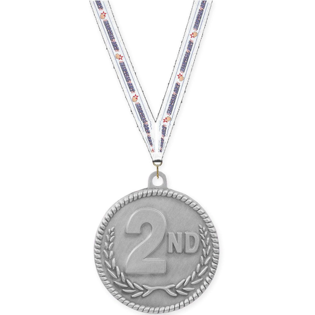 2 inch Place High Relief medal in silver - 2nd place with Martial Arts neck ribbon