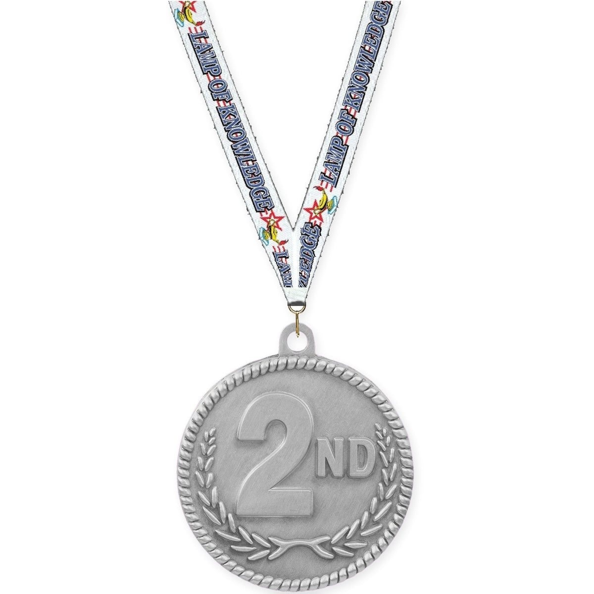 2 inch Place High Relief medal in silver - 2nd place with Lamp Of Knowledge neck ribbon