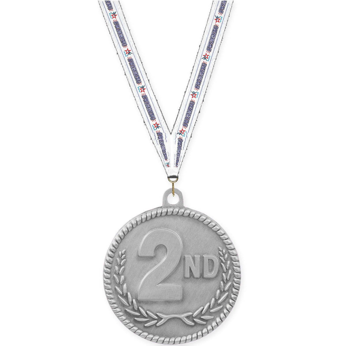 2 inch Place High Relief medal in silver - 2nd place with Swimming neck ribbon