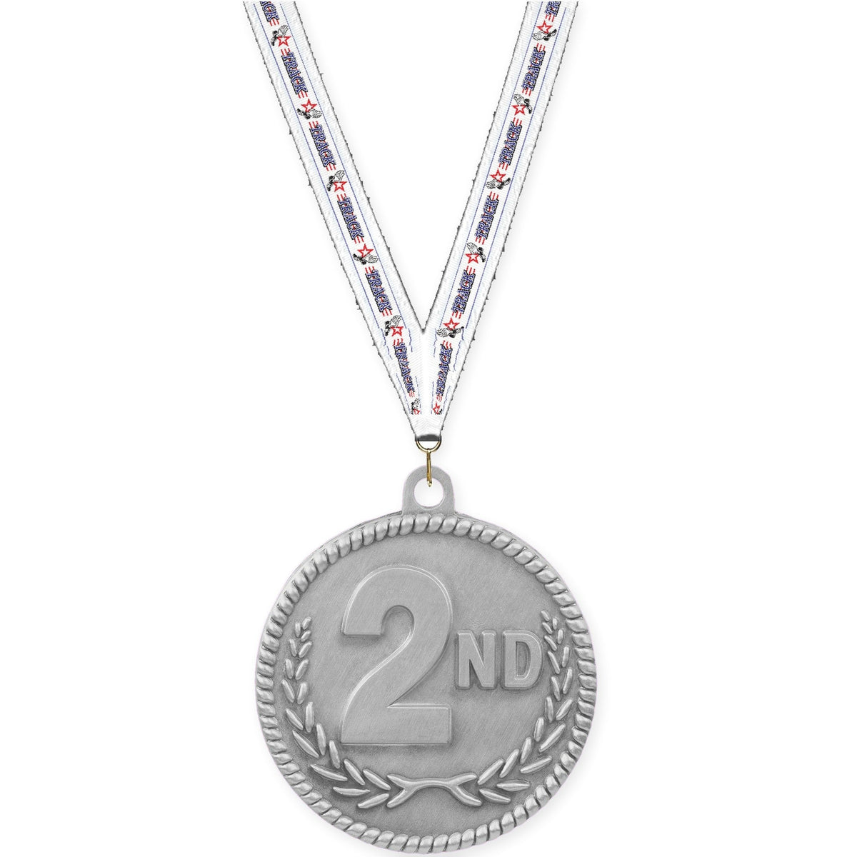 2 inch Place High Relief medal in silver - 2nd place with Track neck ribbon
