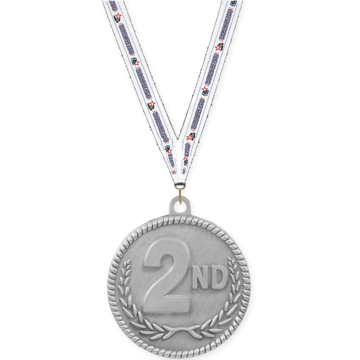 2 inch Place High Relief medal in silver - 2nd place with Wrestling neck ribbon