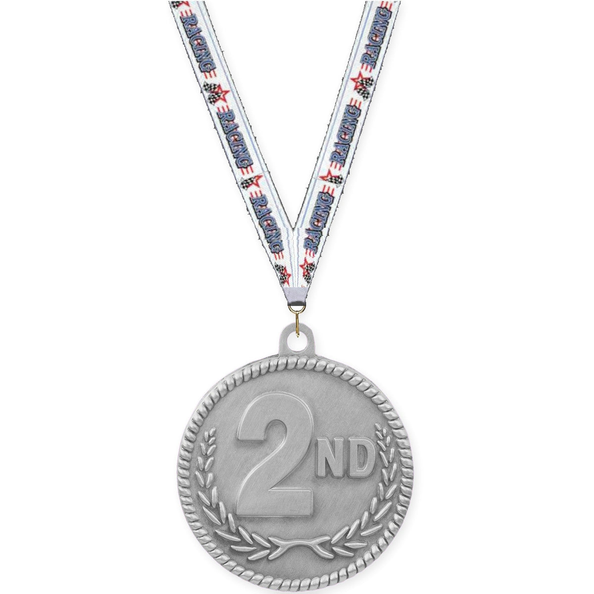2 inch Place High Relief medal in silver - 2nd place with Auto Racing neck ribbon