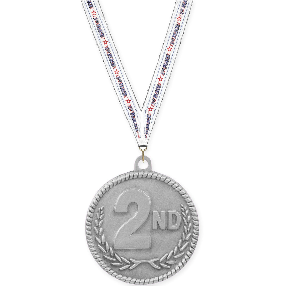 2 inch Place High Relief medal in silver - 2nd place with 1st Place neck ribbon