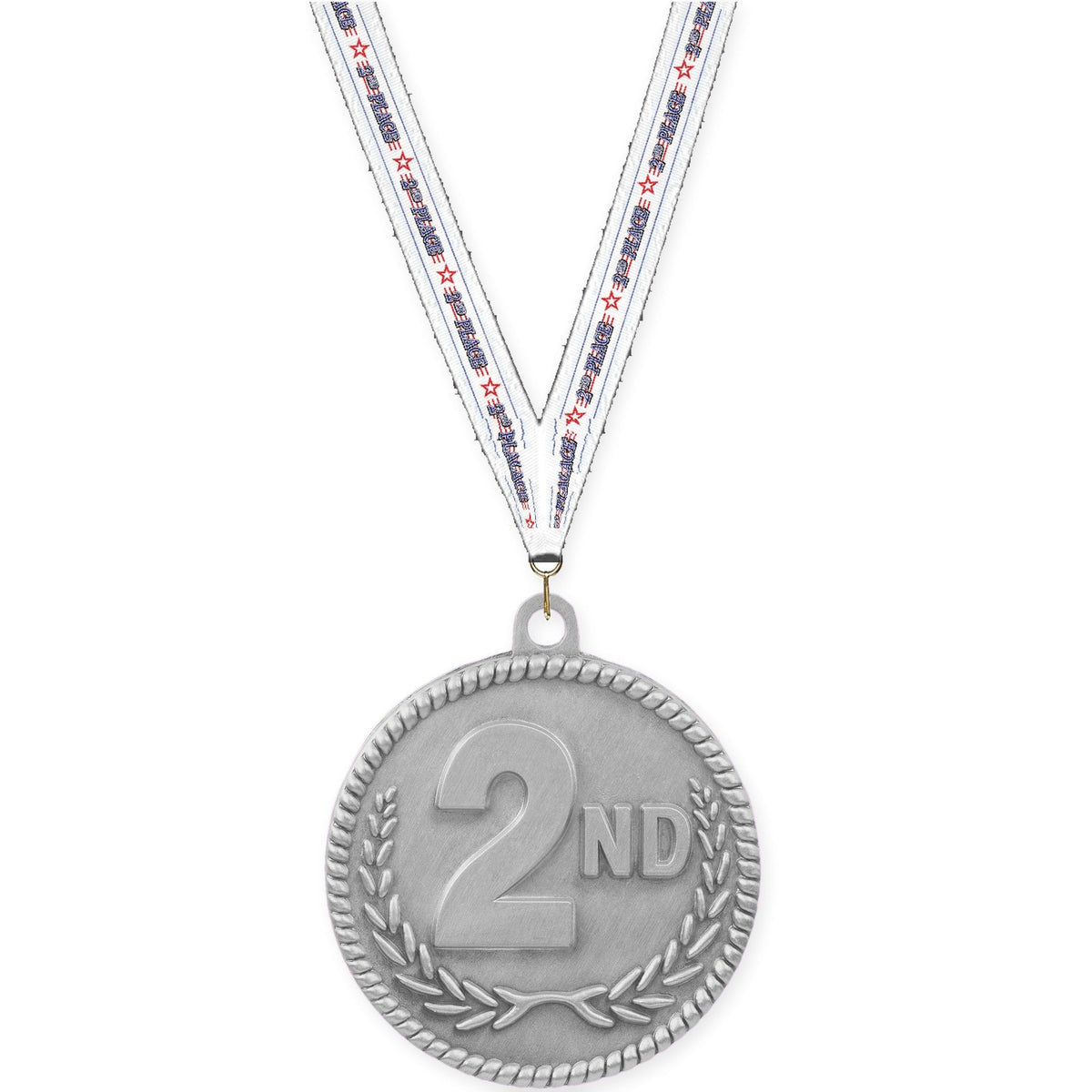 2 inch Place High Relief medal in silver - 2nd place with 2nd Place neck ribbon