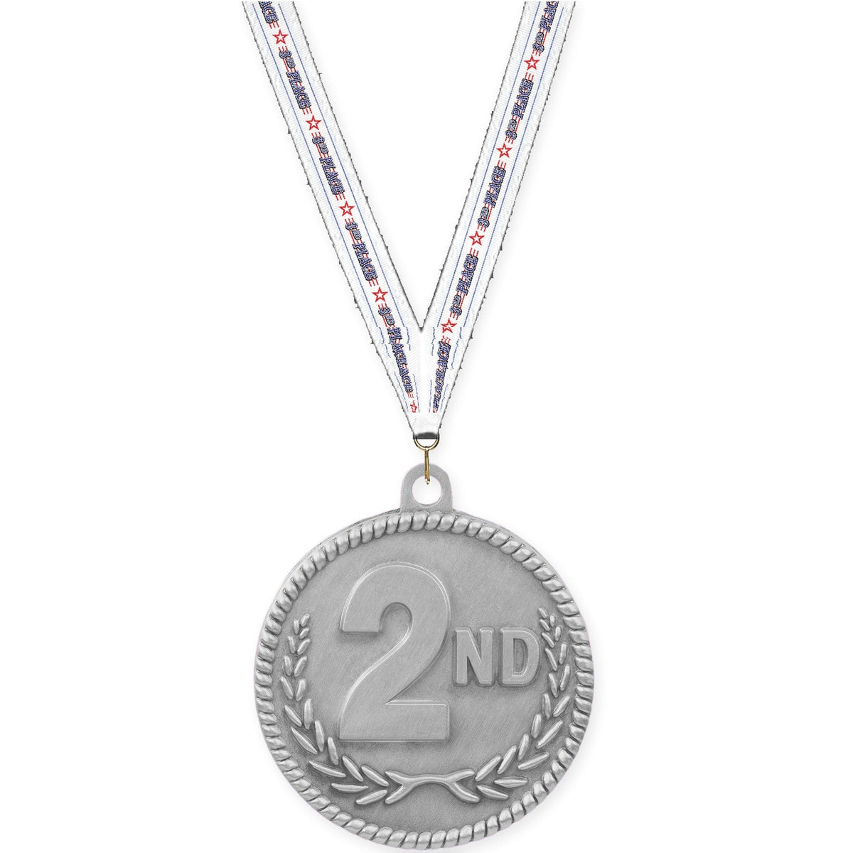 2 inch Place High Relief medal in silver - 2nd place with 3rd Place neck ribbon