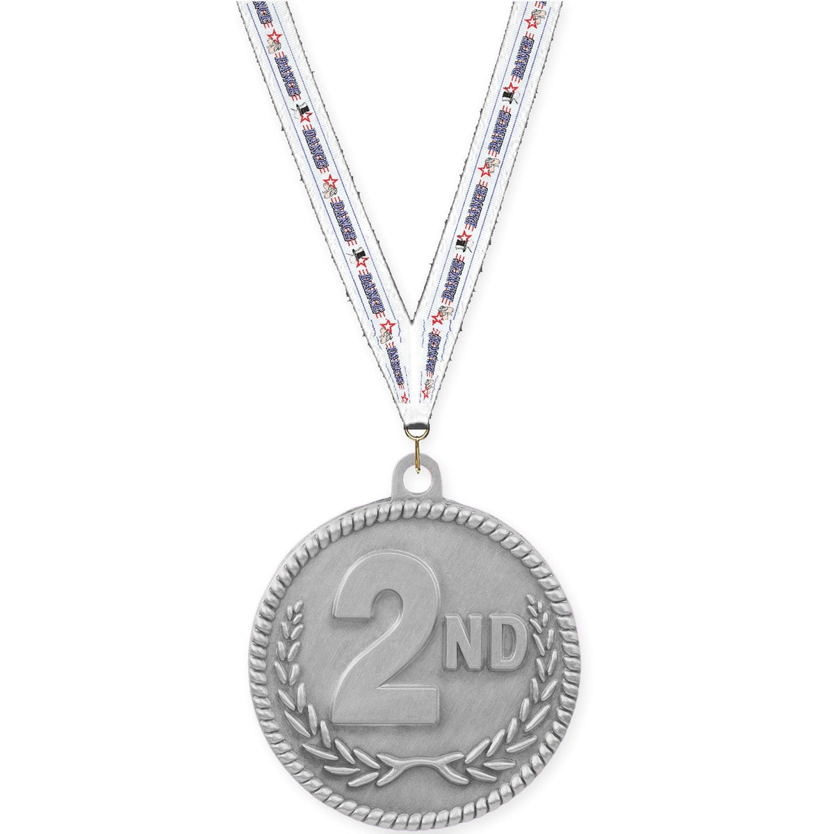 2 inch Place High Relief medal in silver - 2nd place with Dance neck ribbon