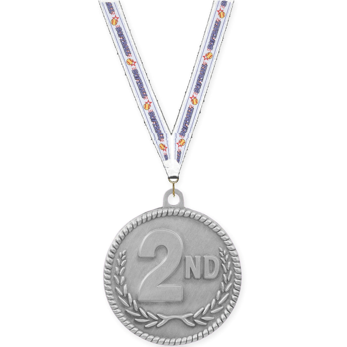 2 inch Place High Relief medal in silver - 2nd place with Softball neck ribbon