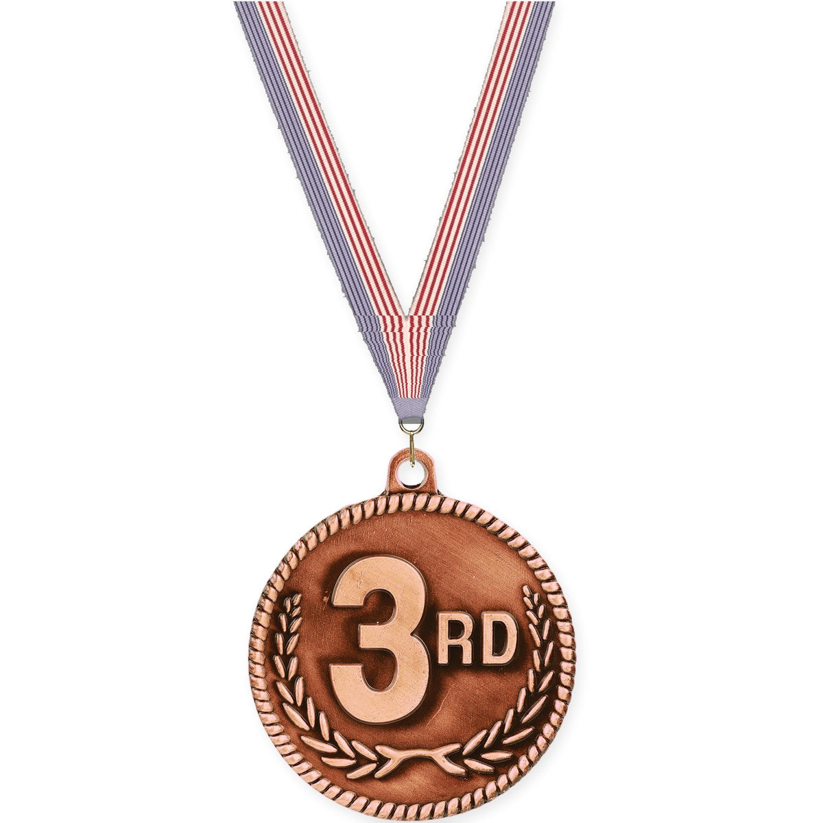2 inch Place High Relief medal in bronze - 3rd place with USA Flag neck ribbon