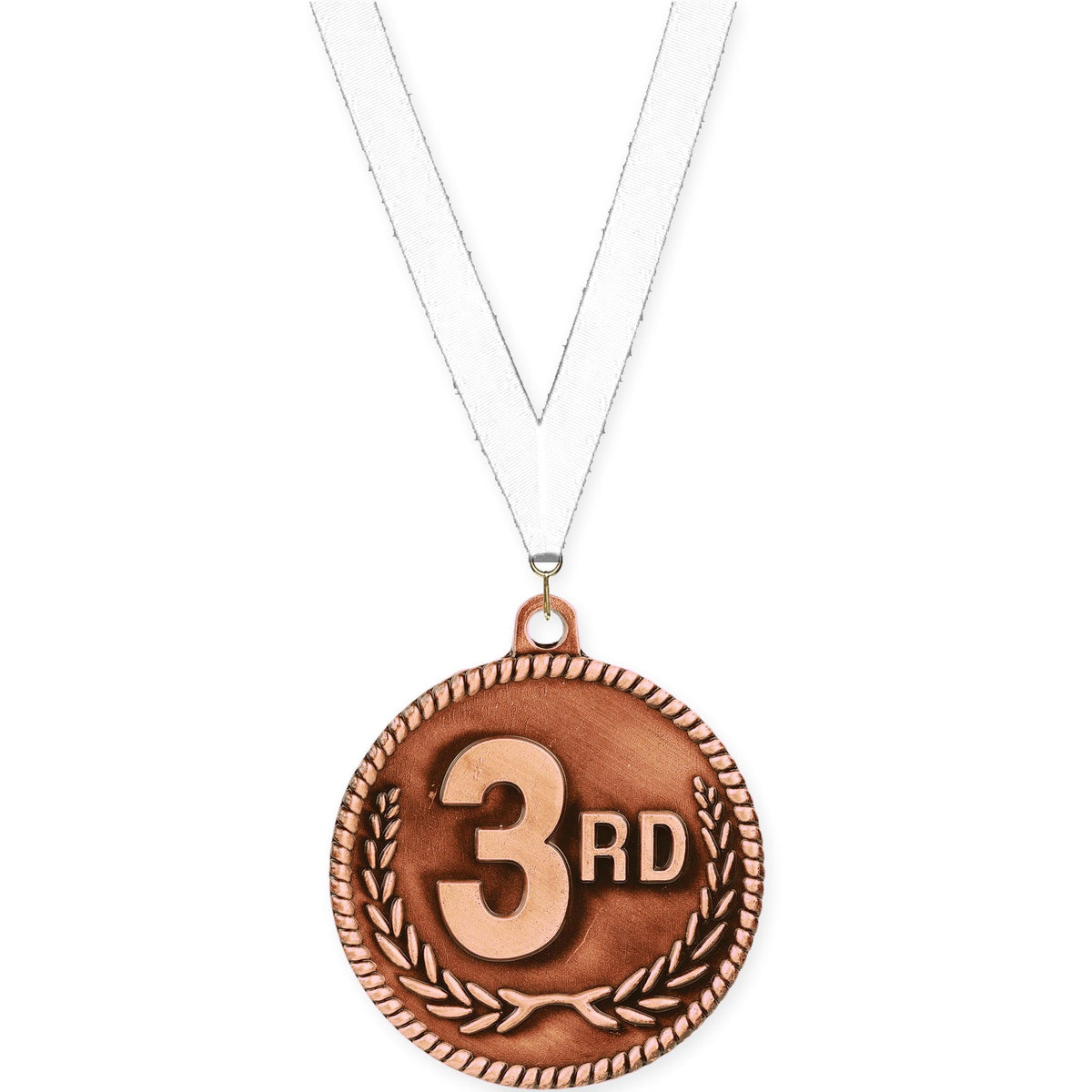 2 inch Place High Relief medal in bronze - 3rd place with White neck ribbon