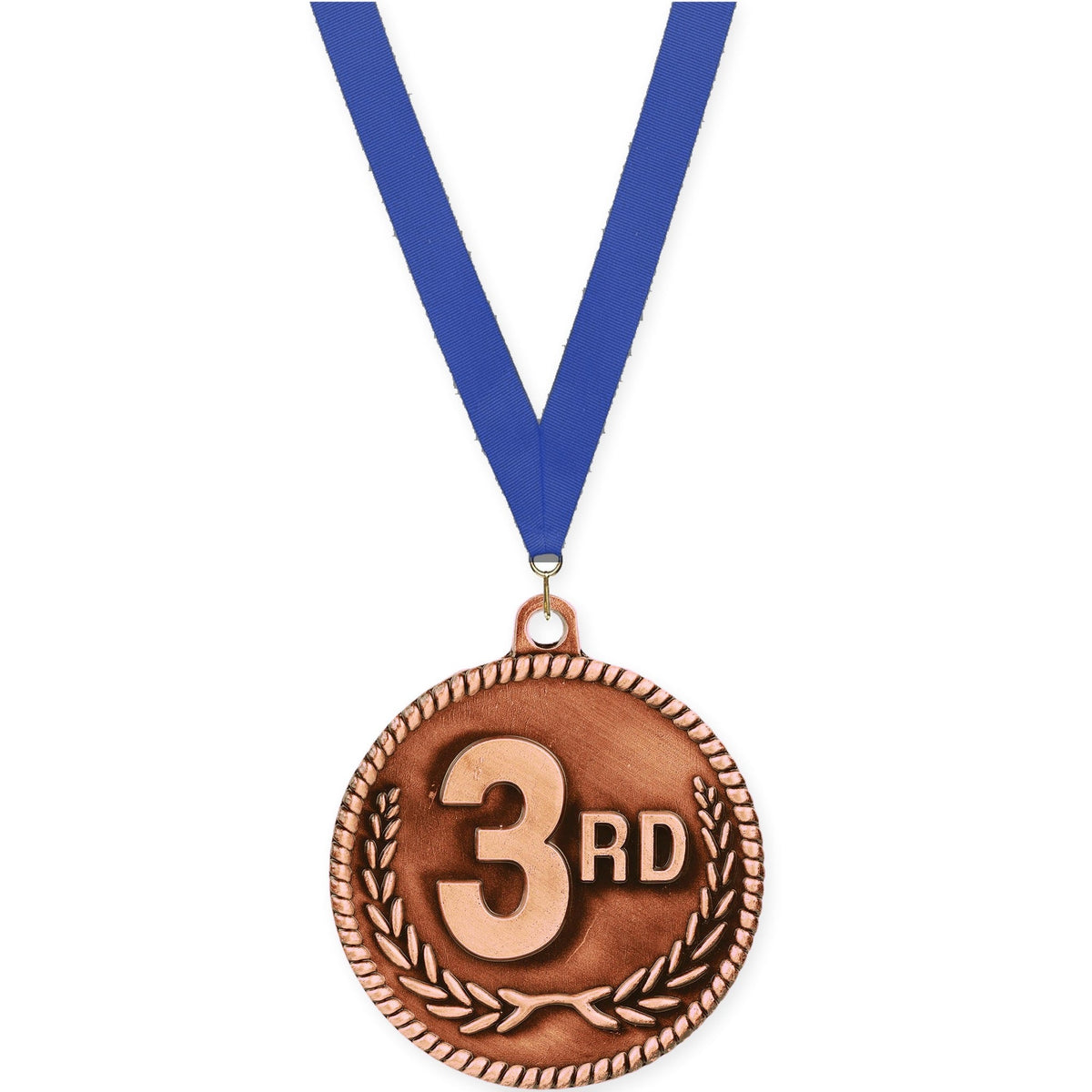 2 inch Place High Relief medal in bronze - 3rd place with Blue neck ribbon