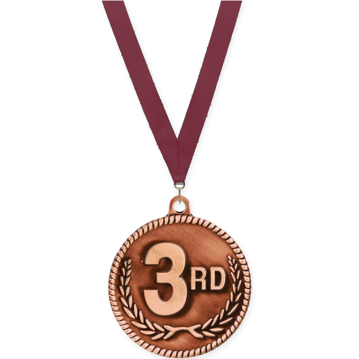 2 inch Place High Relief medal in bronze - 3rd place with Maroon neck ribbon
