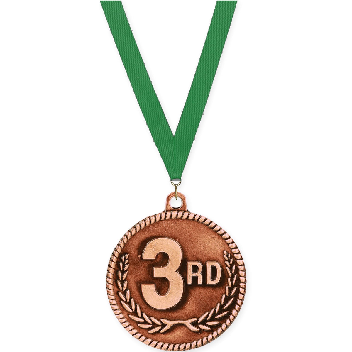 2 inch Place High Relief medal in bronze - 3rd place with Green neck ribbon