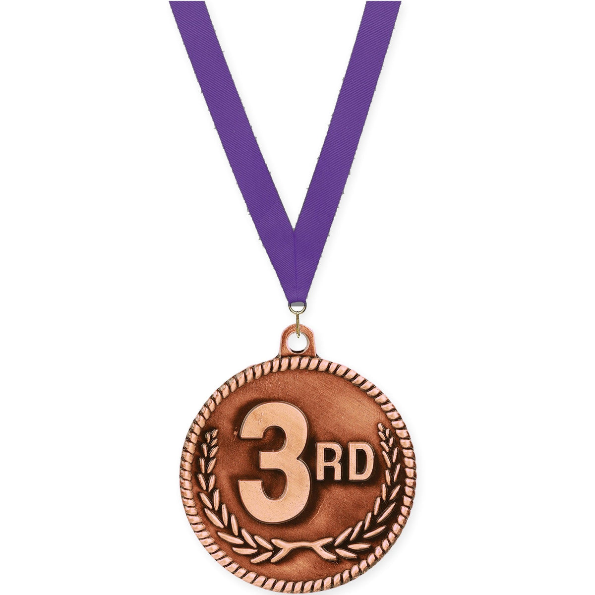 2 inch Place High Relief medal in bronze - 3rd place with Purple neck ribbon