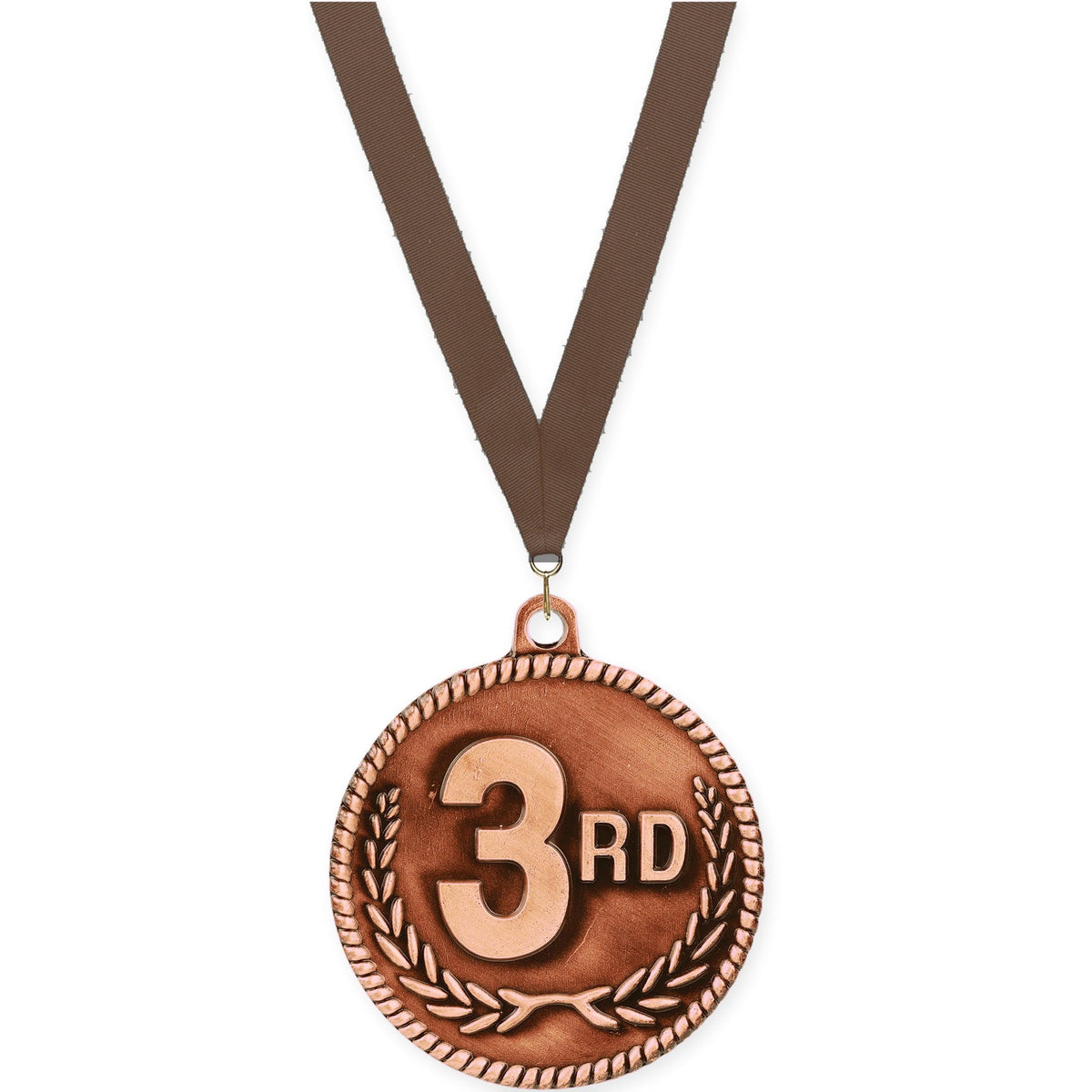 2 inch Place High Relief medal in bronze - 3rd place with Brown neck ribbon