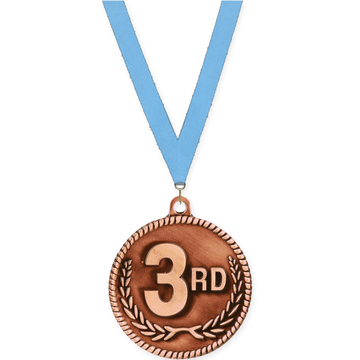 2 inch Place High Relief medal in bronze - 3rd place with Light Blue neck ribbon