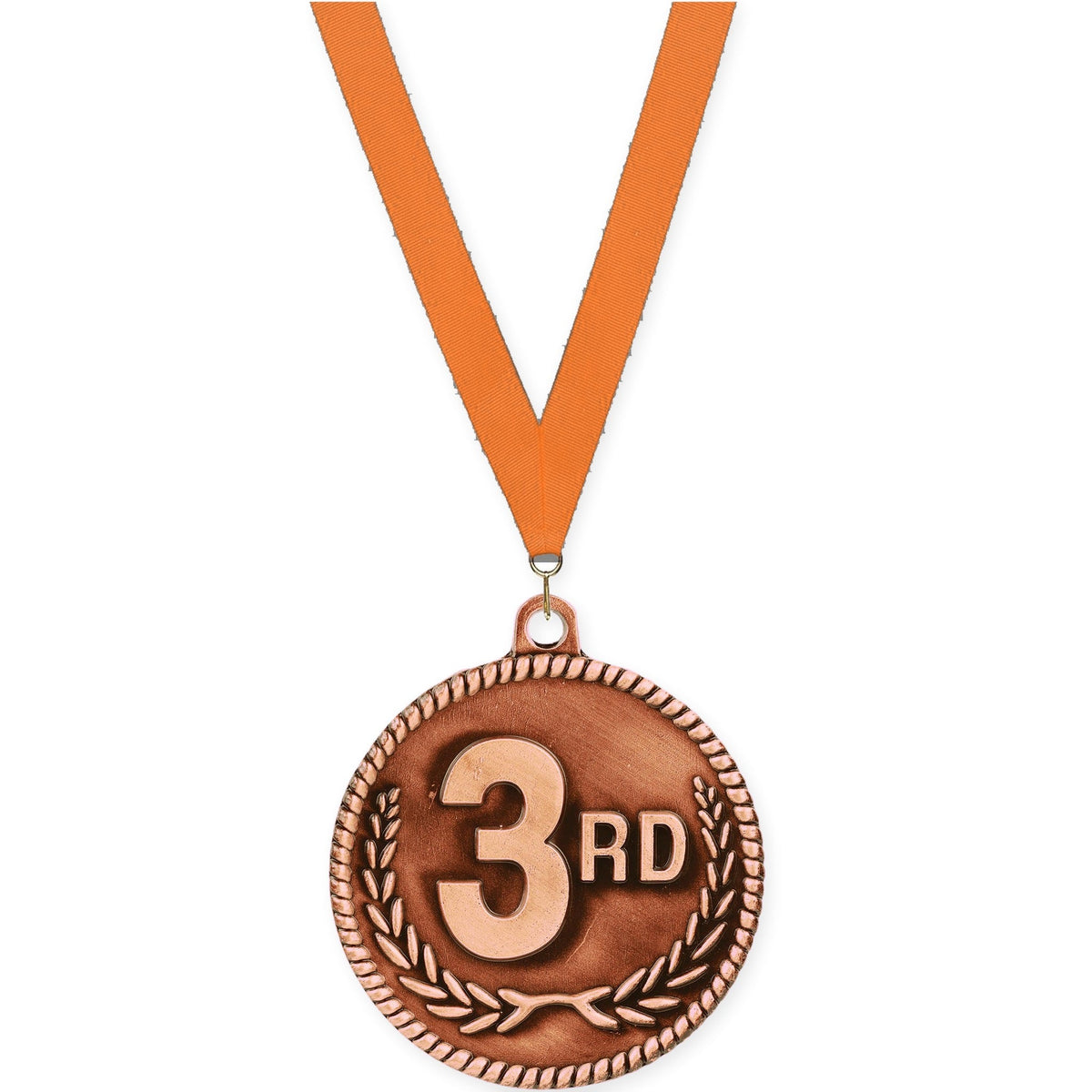 2 inch Place High Relief medal in bronze - 3rd place with Orange neck ribbon