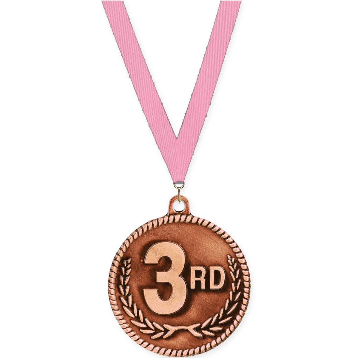 2 inch Place High Relief medal in bronze - 3rd place with Pink neck ribbon