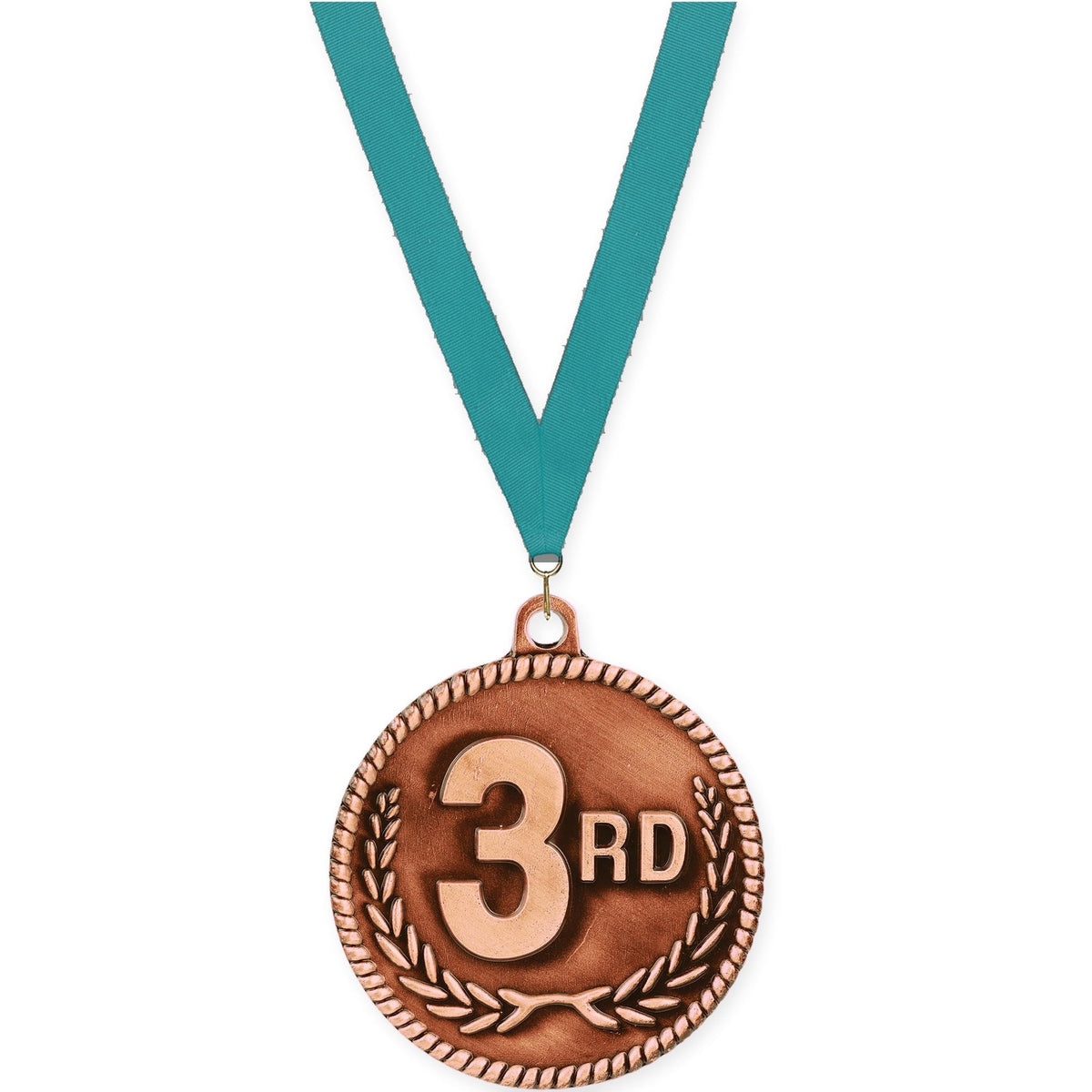 2 inch Place High Relief medal in bronze - 3rd place with Teal neck ribbon