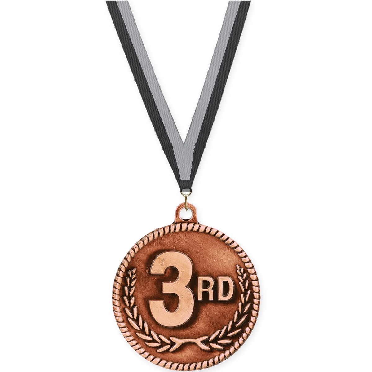 2 inch Place High Relief medal in bronze - 3rd place with Black Gray neck ribbon