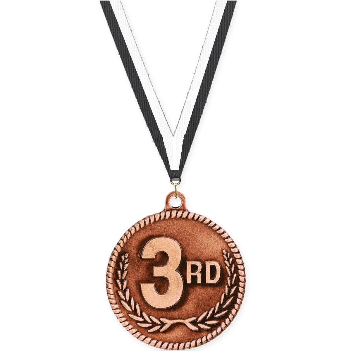 2 inch Place High Relief medal in bronze - 3rd place with Black White neck ribbon