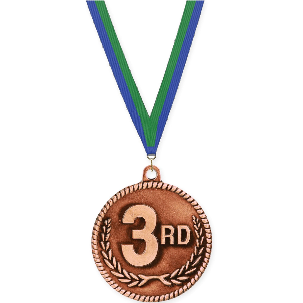 2 inch Place High Relief medal in bronze - 3rd place with Blue Green neck ribbon