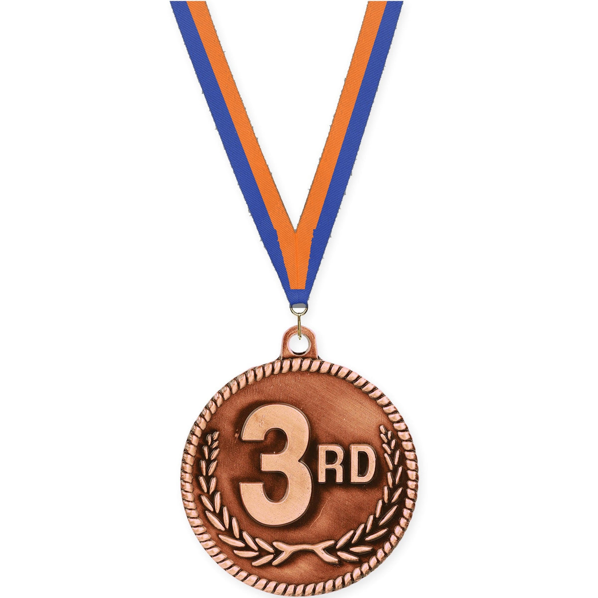 2 inch Place High Relief medal in bronze - 3rd place with Blue Orange neck ribbon
