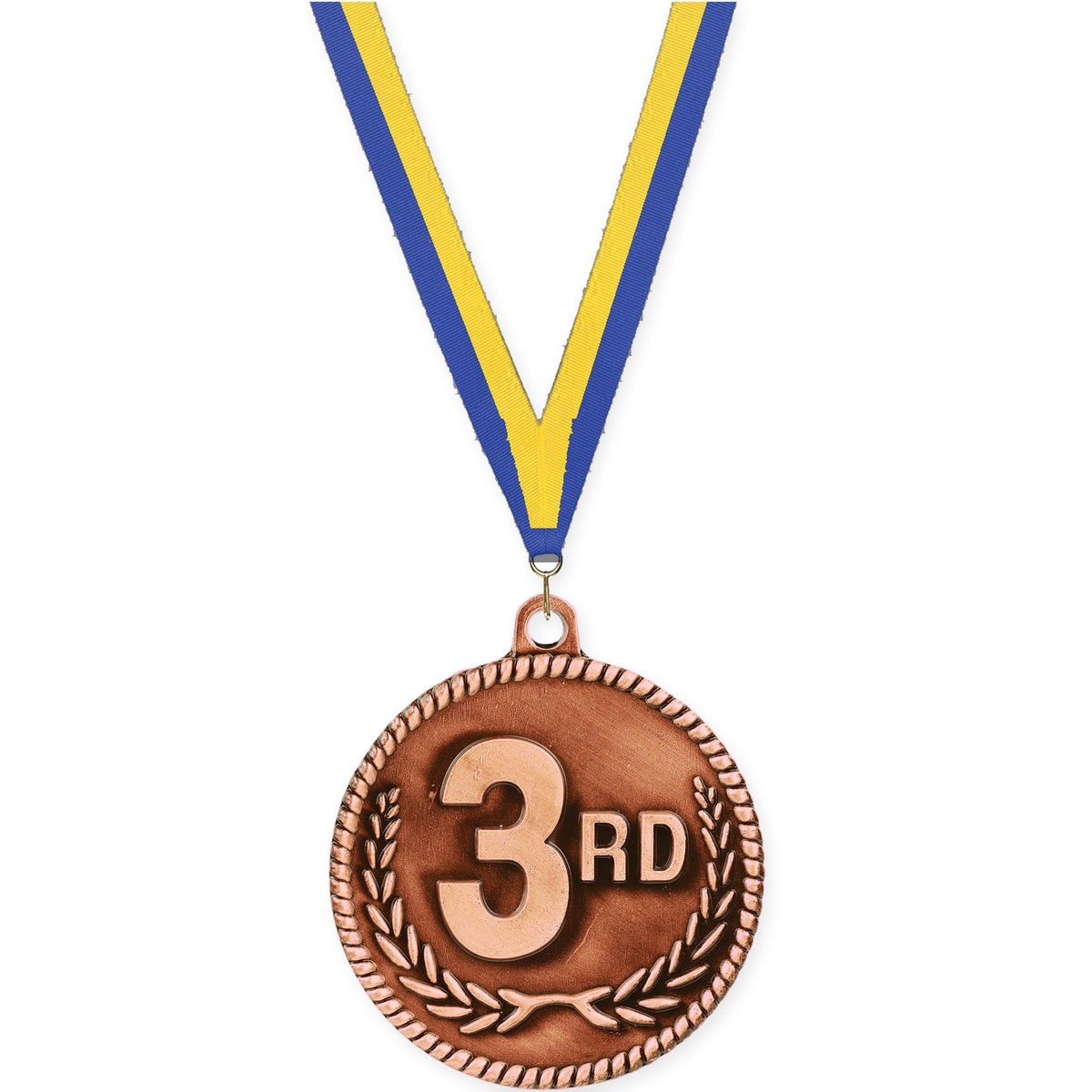 2 inch Place High Relief medal in bronze - 3rd place with Blue Yellow neck ribbon