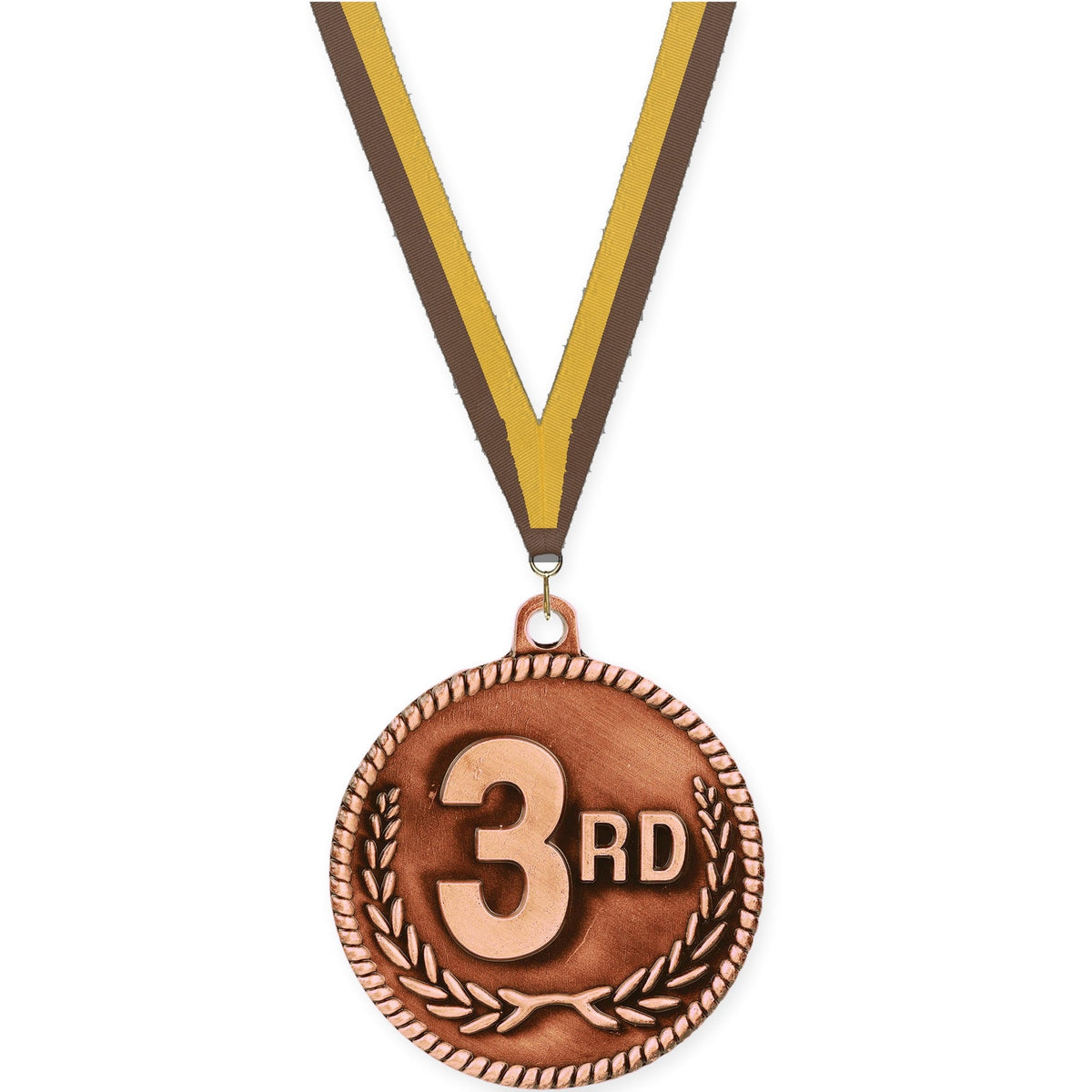 2 inch Place High Relief medal in bronze - 3rd place with Brown Gold neck ribbon