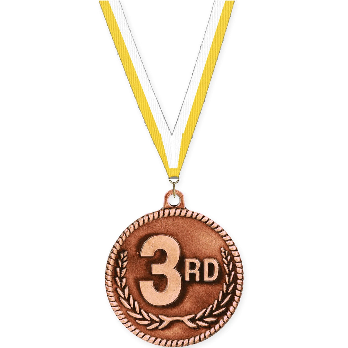 2 inch Place High Relief medal in bronze - 3rd place with Yellow White neck ribbon