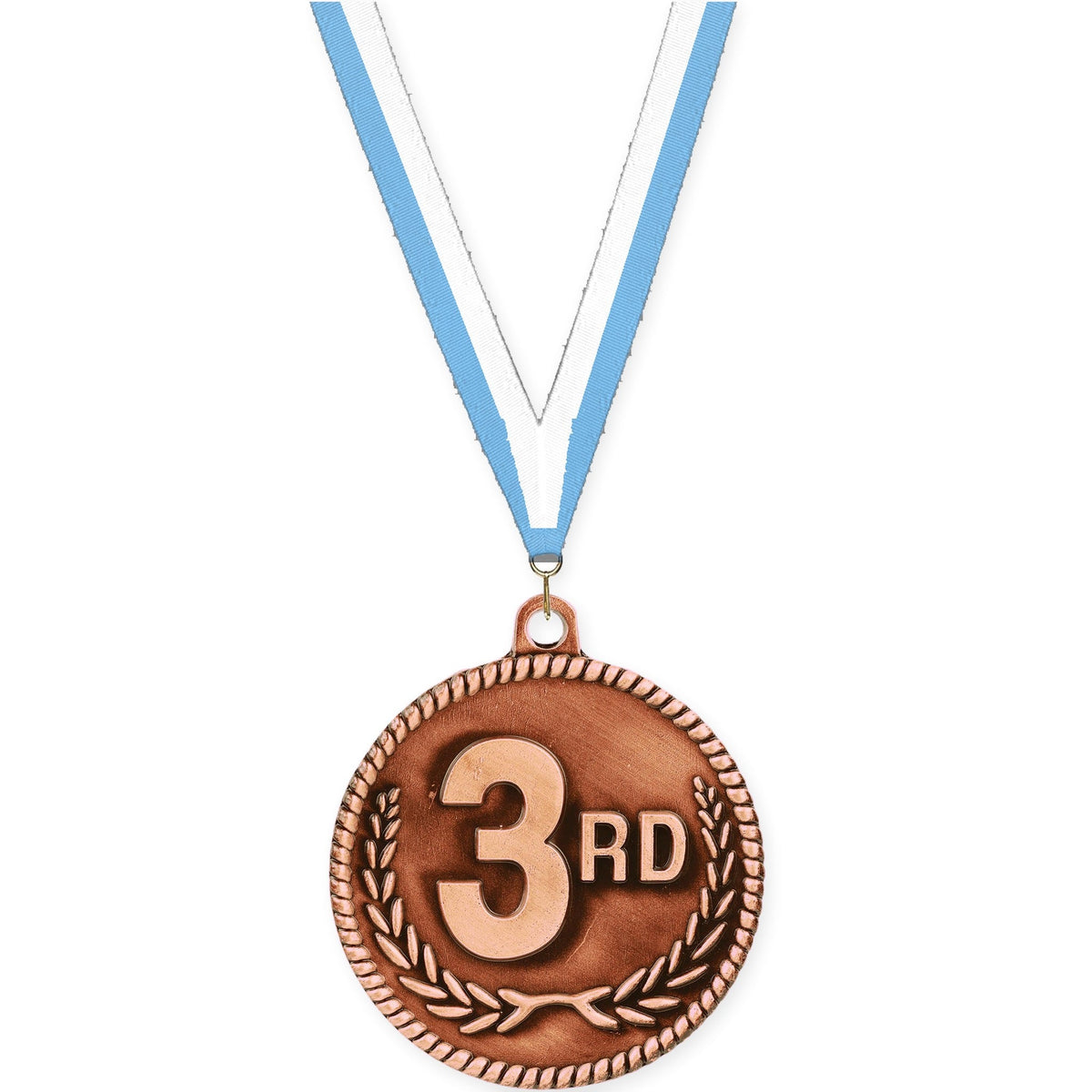 2 inch Place High Relief medal in bronze - 3rd place with Light Blue White neck ribbon