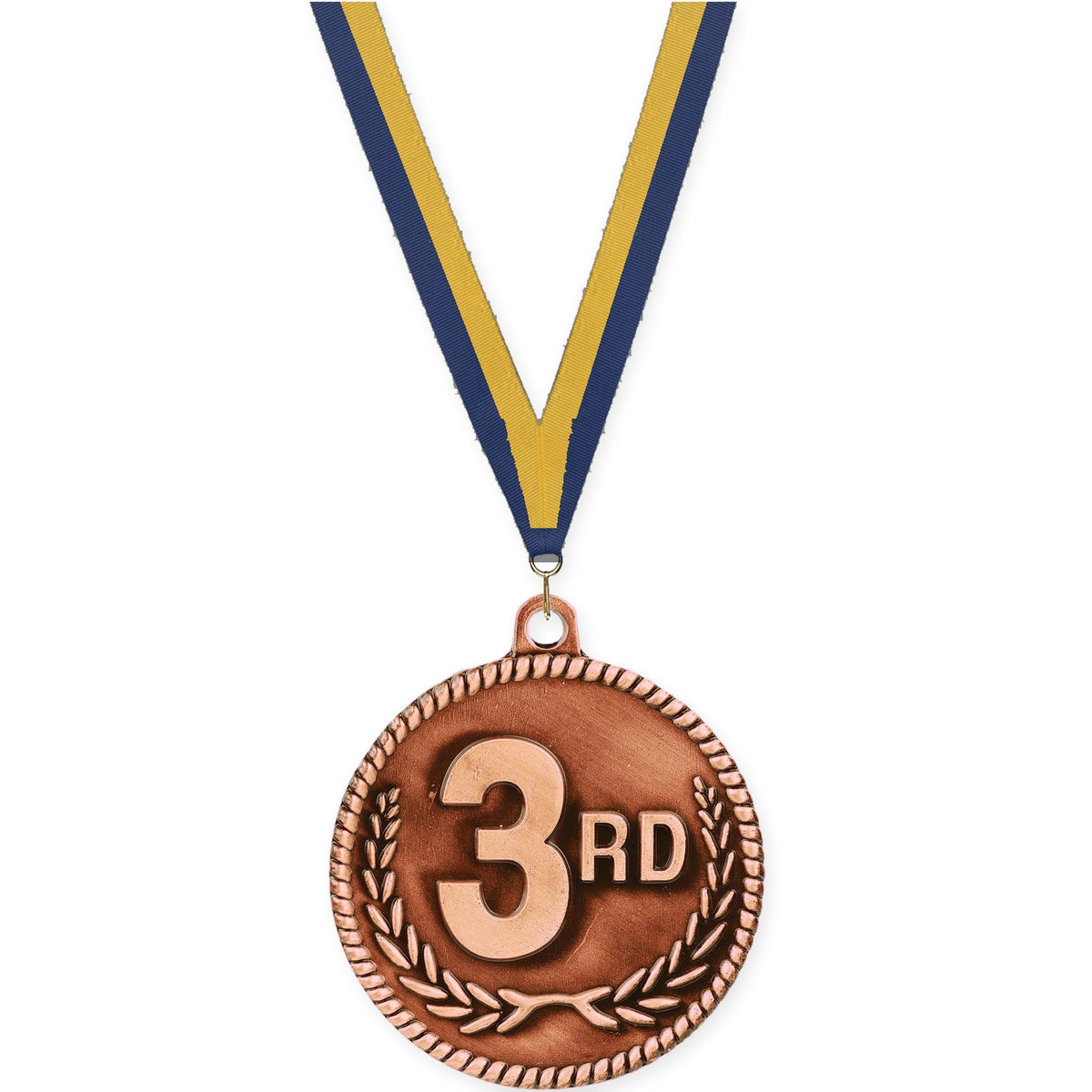 2 inch Place High Relief medal in bronze - 3rd place with Navy Gold neck ribbon