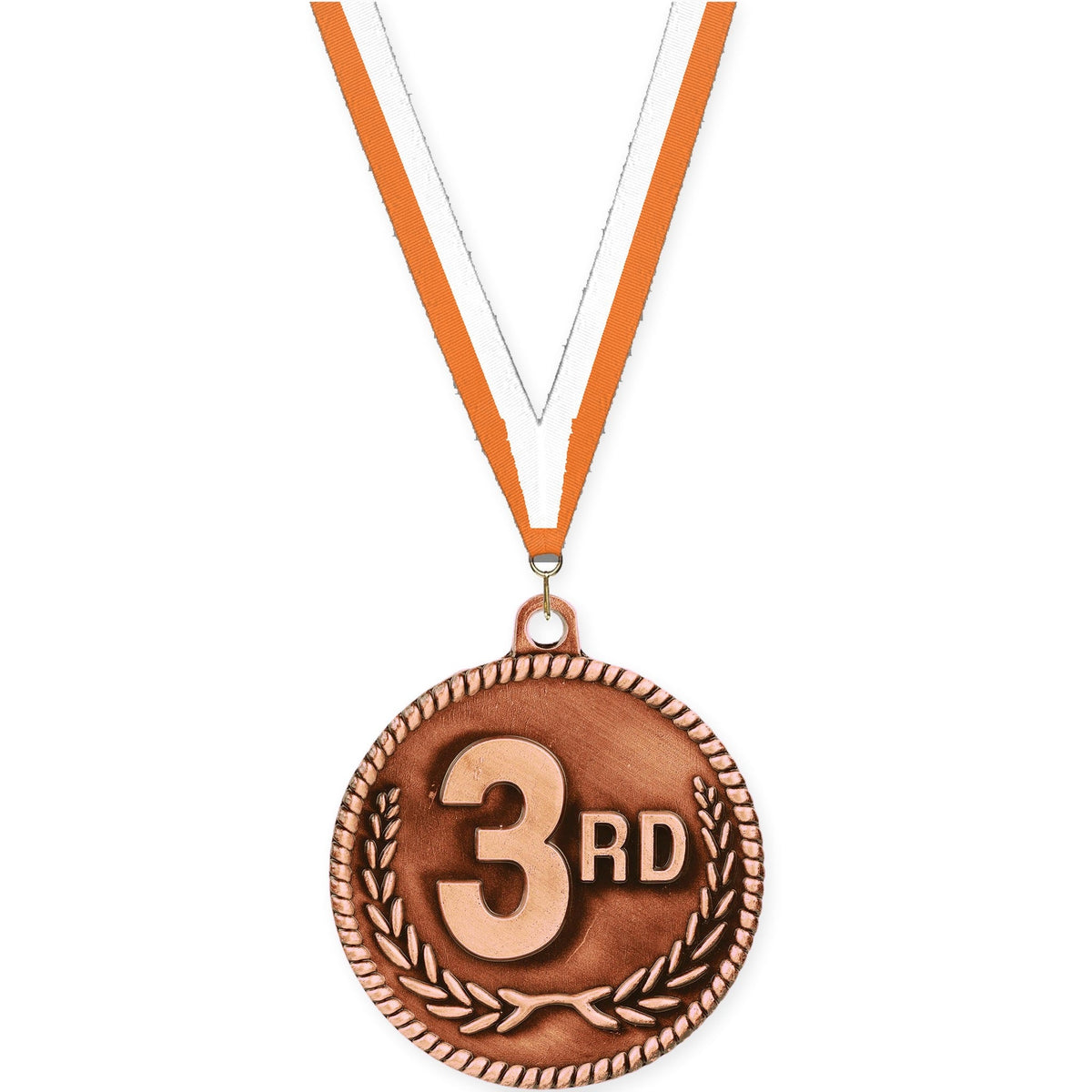 2 inch Place High Relief medal in bronze - 3rd place with Orange White neck ribbon