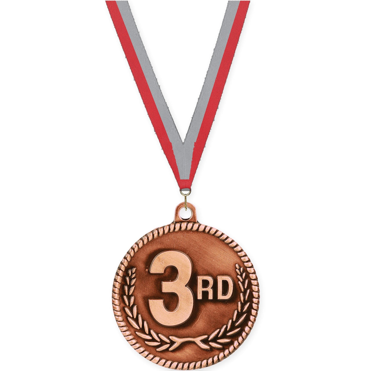 2 inch Place High Relief medal in bronze - 3rd place with Red Gray neck ribbon