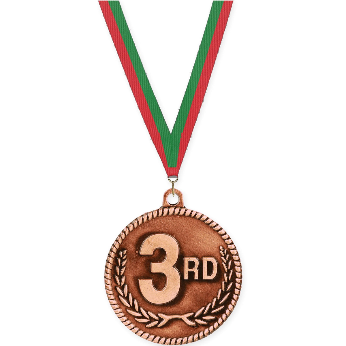 2 inch Place High Relief medal in bronze - 3rd place with Red Green neck ribbon