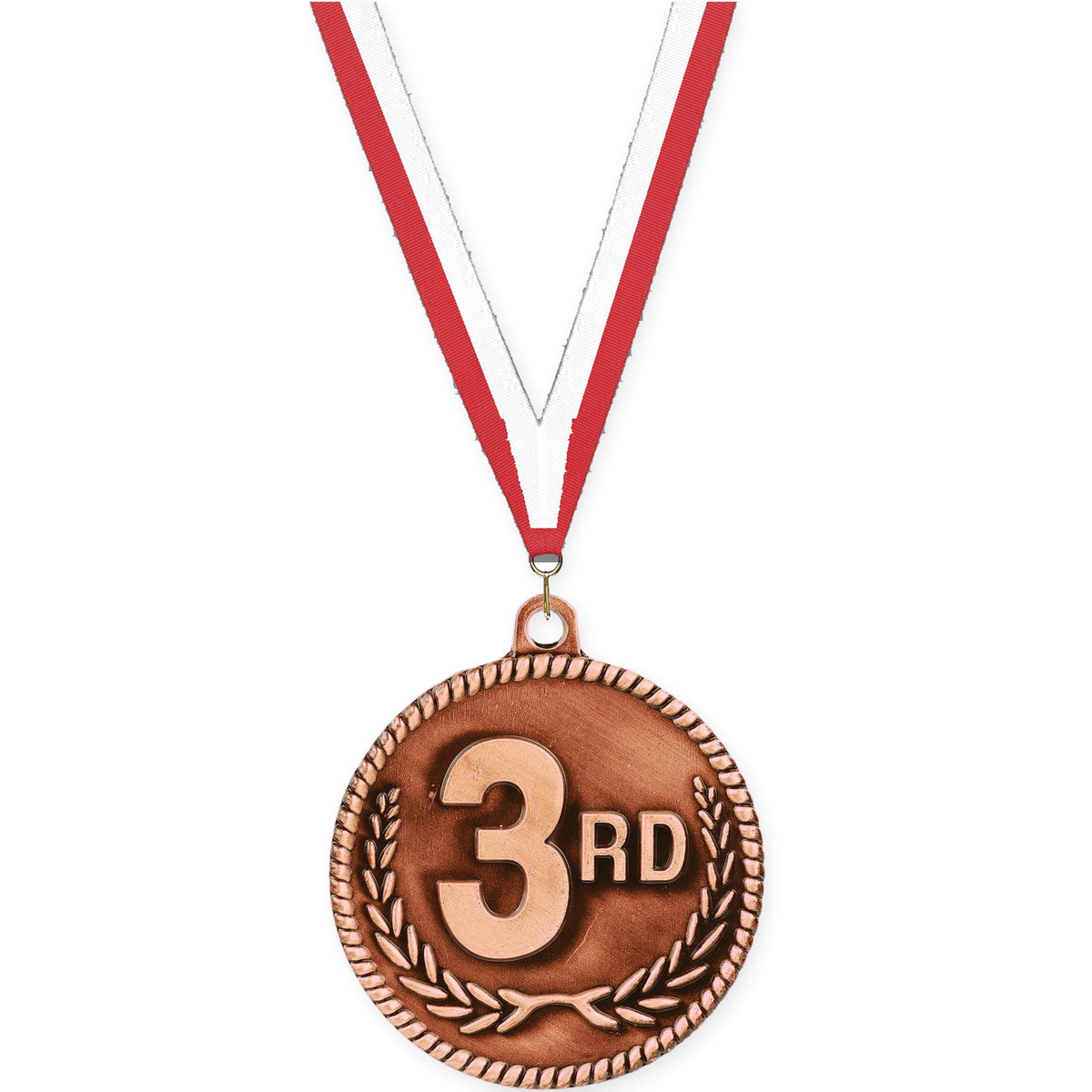 2 inch Place High Relief medal in bronze - 3rd place with Red White neck ribbon