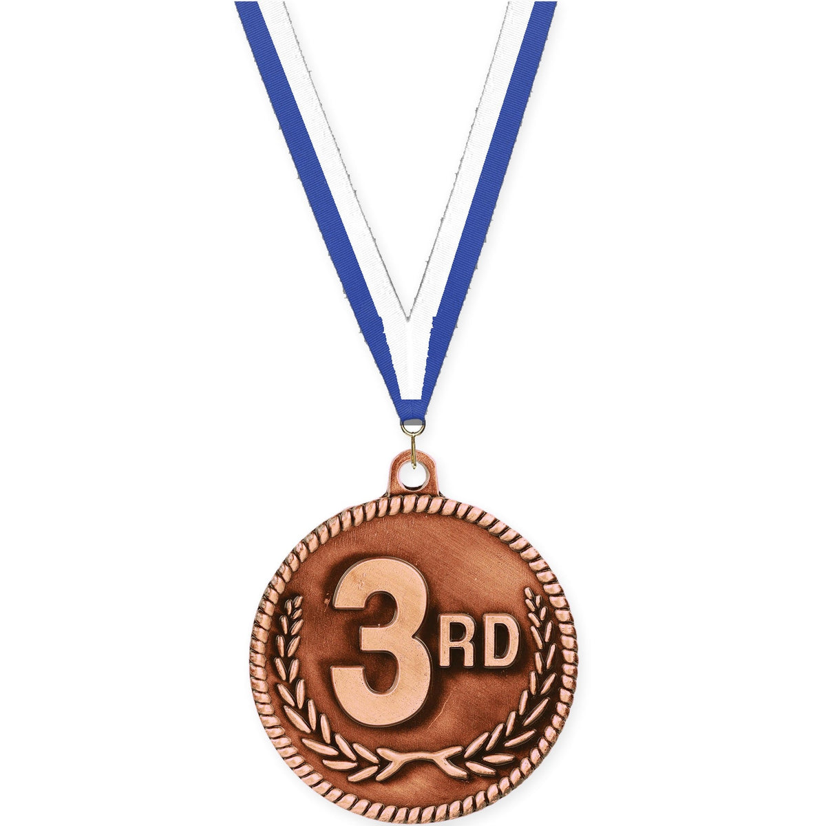 2 inch Place High Relief medal in bronze - 3rd place with Blue White neck ribbon
