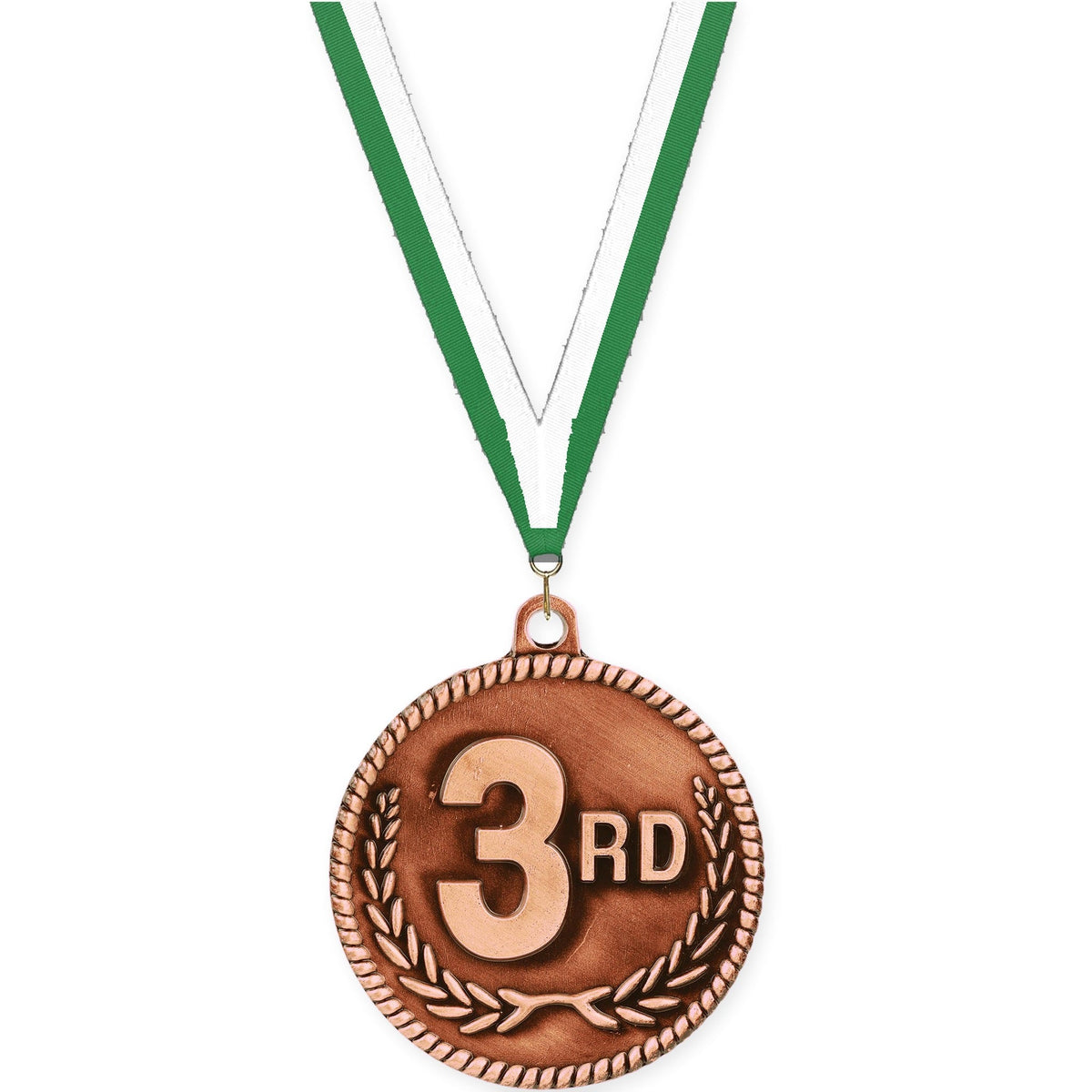 2 inch Place High Relief medal in bronze - 3rd place with Green White neck ribbon