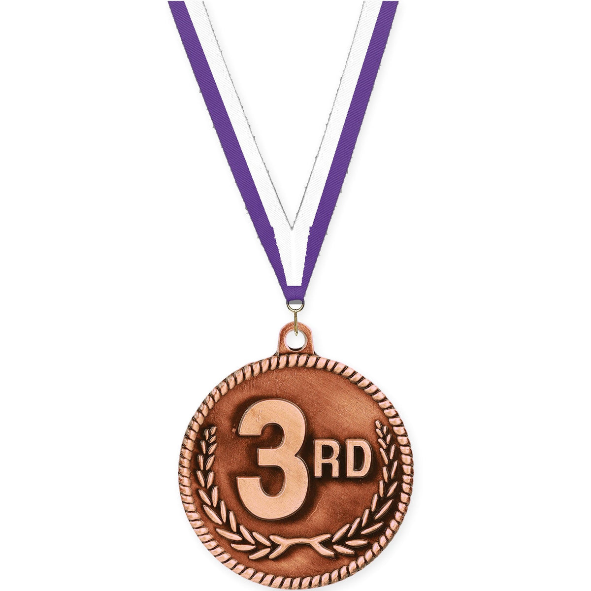 2 inch Place High Relief medal in bronze - 3rd place with Purple White neck ribbon