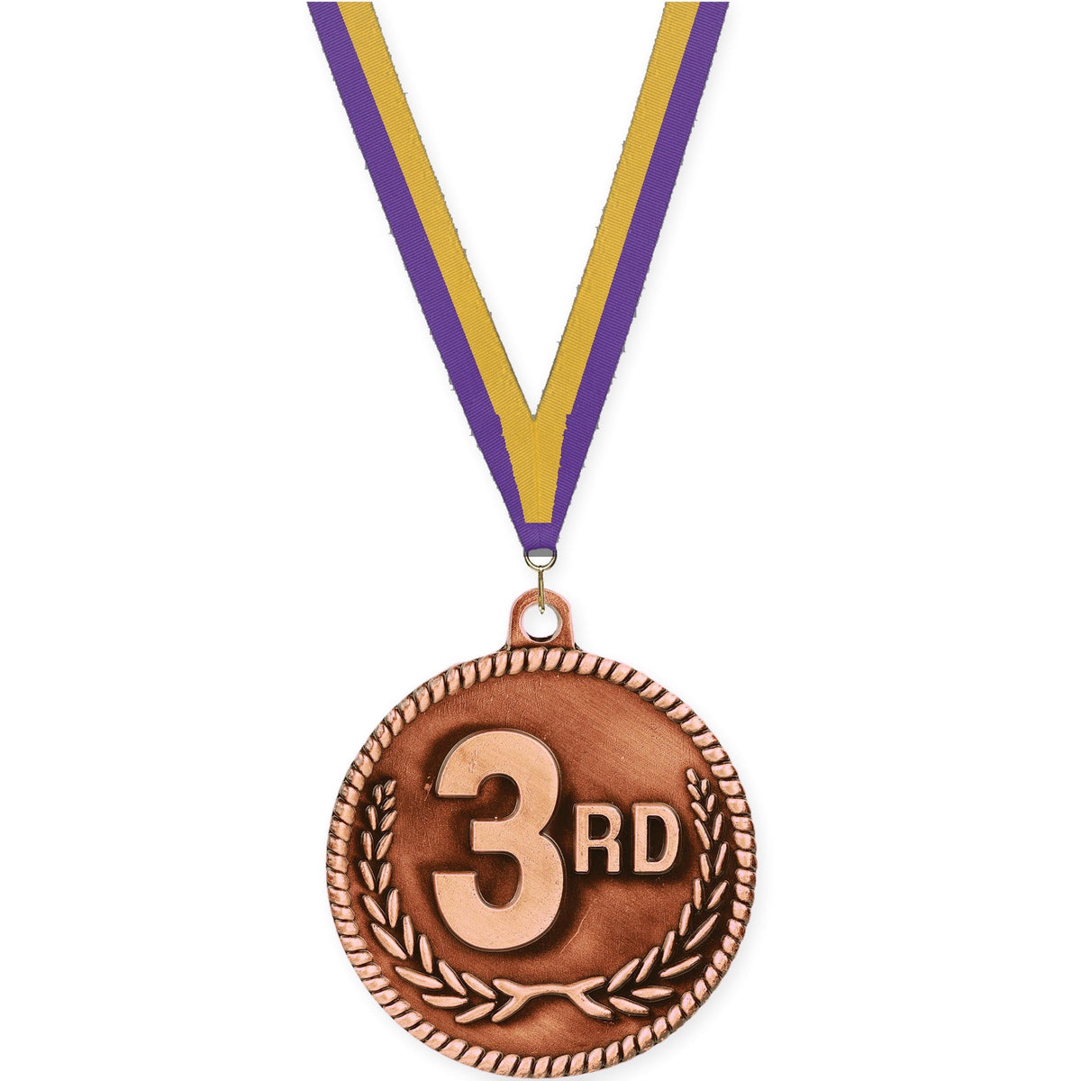 2 inch Place High Relief medal in bronze - 3rd place with Purple Gold neck ribbon