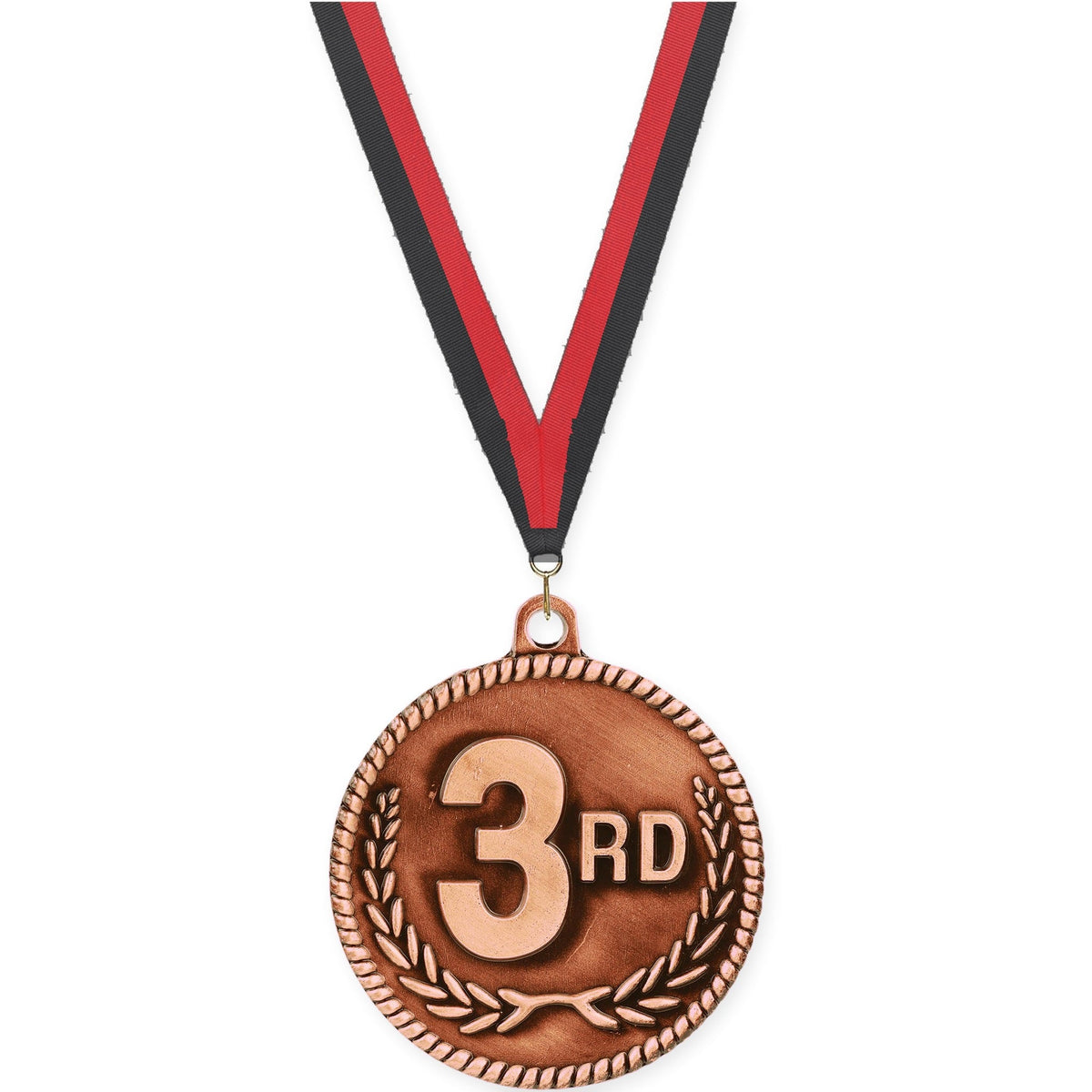 2 inch Place High Relief medal in bronze - 3rd place with Black Red neck ribbon