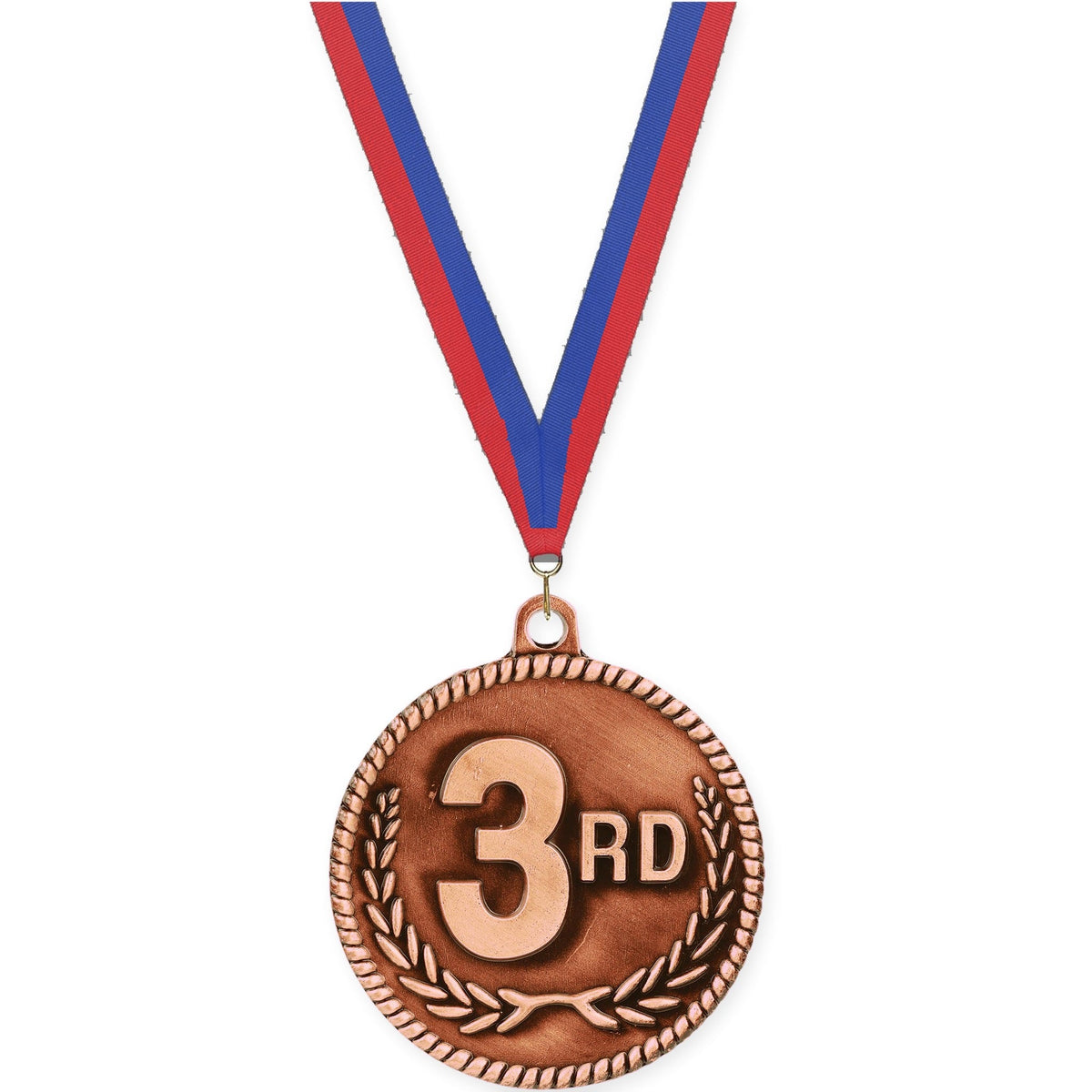 2 inch Place High Relief medal in bronze - 3rd place with Blue Red neck ribbon